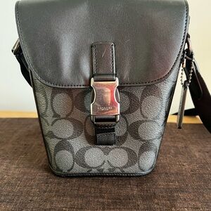 Unisex Black Coach Small Track Crossbody Bag Signature Canvas